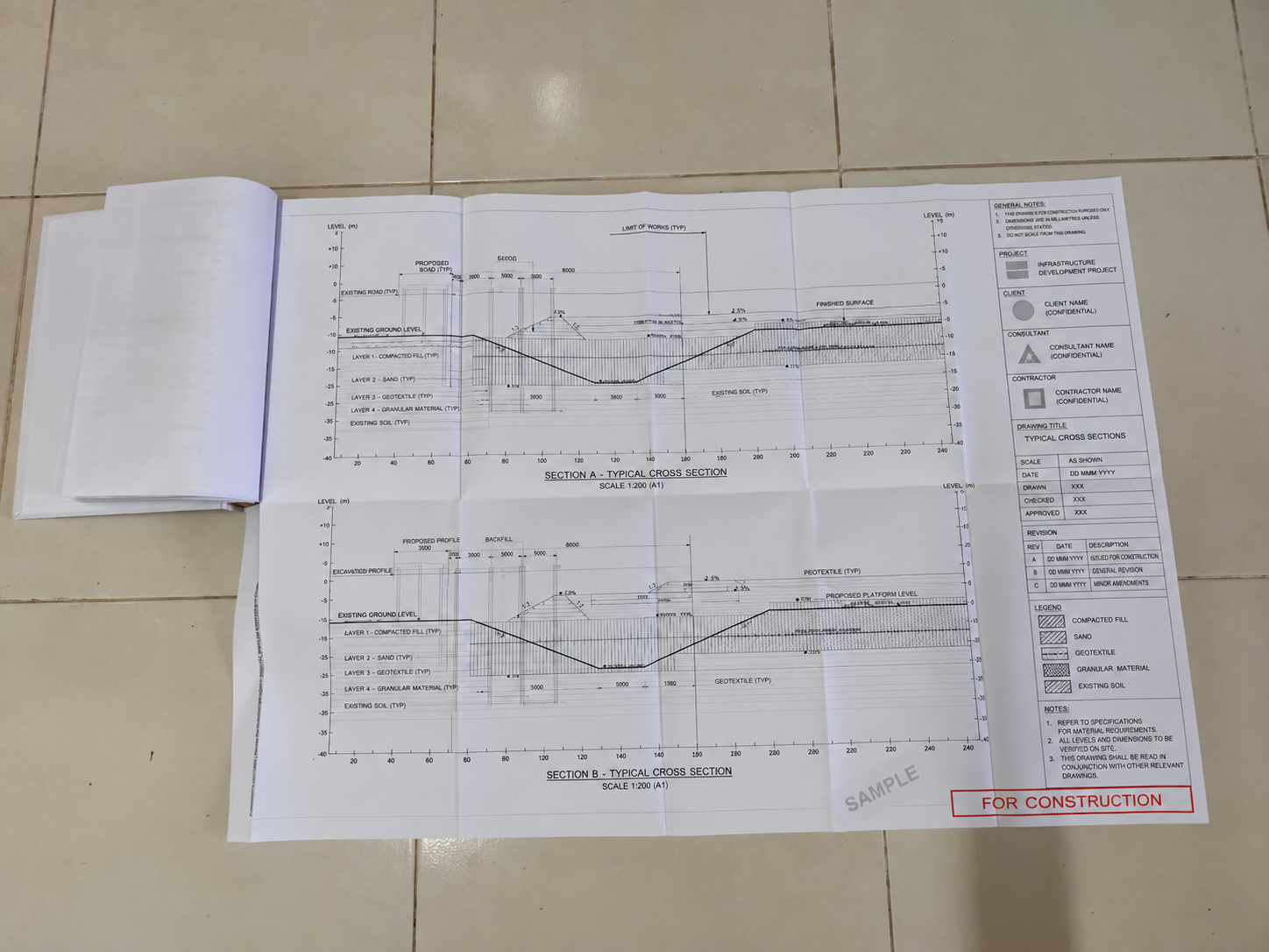 Large technical plan unfolded from a bound volume